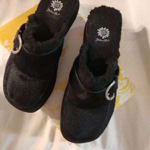 Yellow Box Rhinestone Buckle Black Mules Early 2000s Cow Hair Shoes - Picture 3